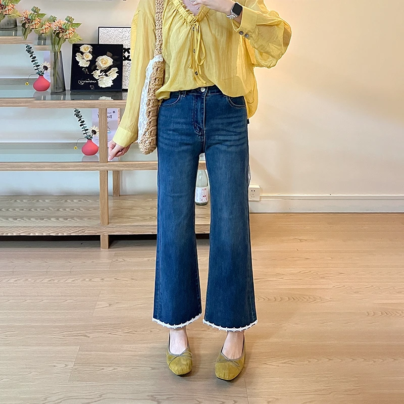 深蓝色蕾丝钩花九分微喇裤女2025新款微胖大码腿粗显瘦直筒牛仔裤