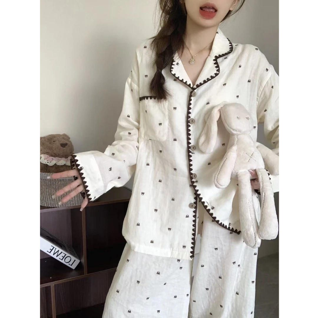 【奶油小熊】重工月牙长袖睡衣套装女秋季薄款两件套家居服可外穿