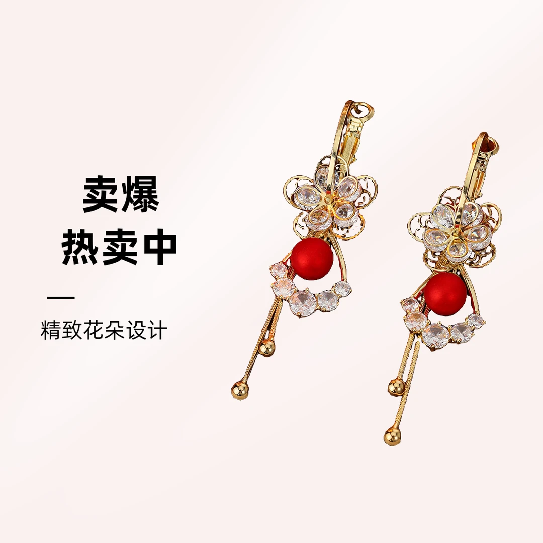 铜合金合成锆石耳饰 红色花朵气质时尚简约轻奢百搭精致手工耳环