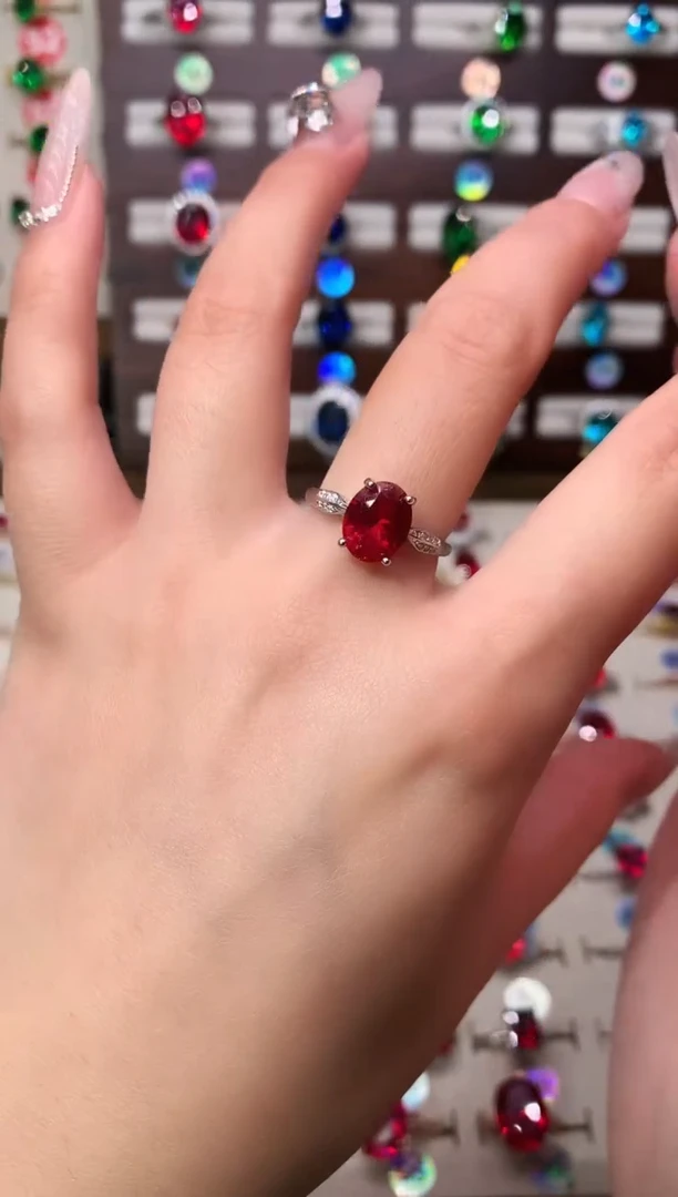 银S925镶嵌戒指红宝石8*10 酒红 银托