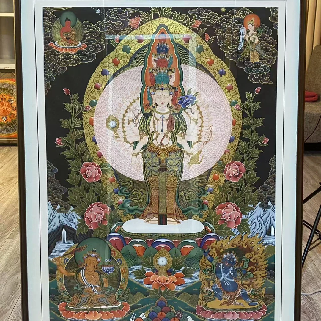 纯实木边框尺寸116*89大尺寸纯手绘精品唐卡画心100*70千手观音