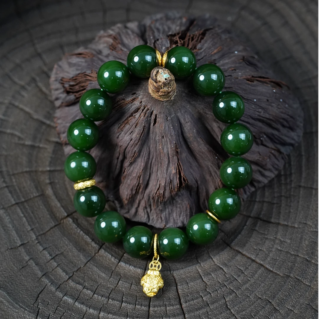 【石缘居珠宝】18K金镶嵌和田玉碧玉佩戴时尚高贵款圆珠手串C58-171