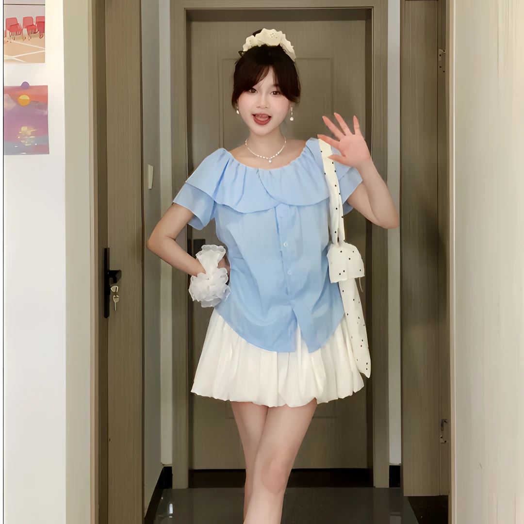 2025夏季新款设计感大码女装法式显瘦一字肩荷叶边褶皱短袖衬衫女