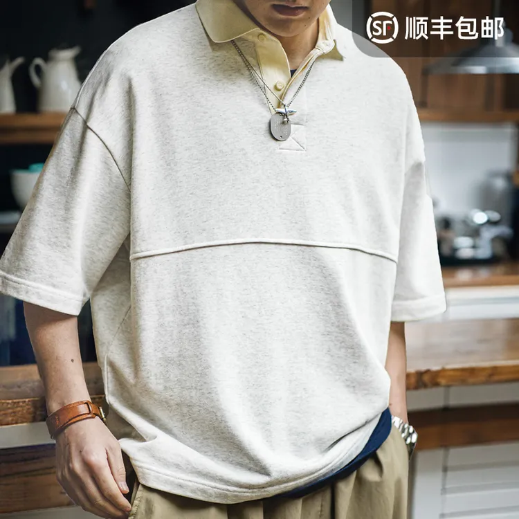 马登工装 美式复古重磅针织短袖polo衫cleanfit翻领五分袖T恤男夏