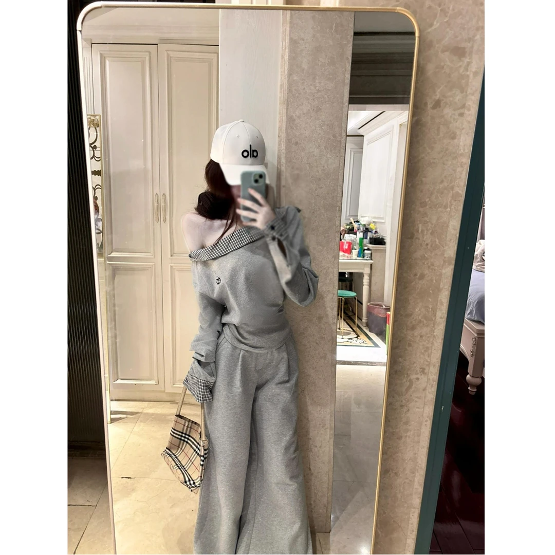 斜肩拼接卫衣套装休闲外套女早秋2025新款气质显瘦运动裤子两件套