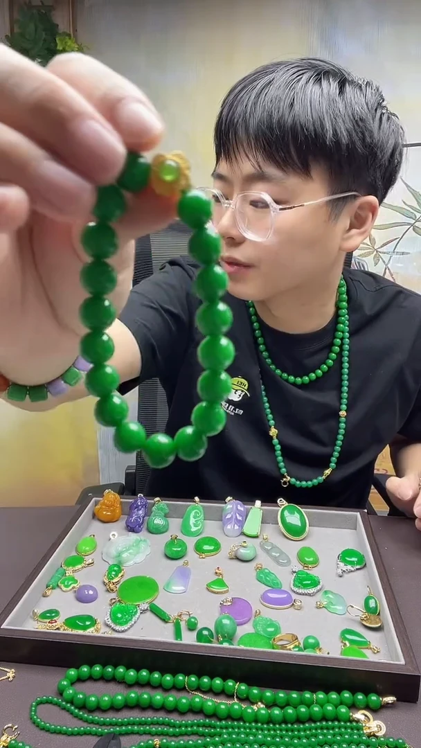 14K金镶嵌手链翡翠036翡翠圆珠四叶草手链 10mm