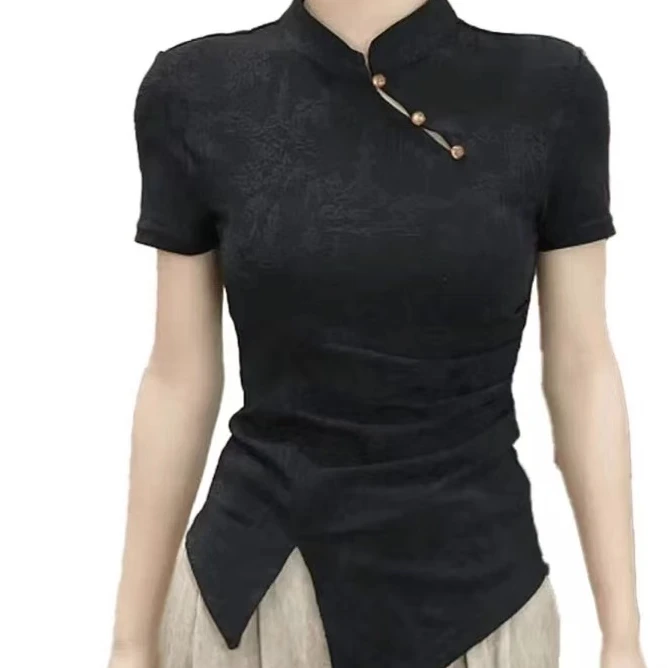 I1215新中式国风盘扣上衣女2025春夏新款时尚气质立领短袖T恤