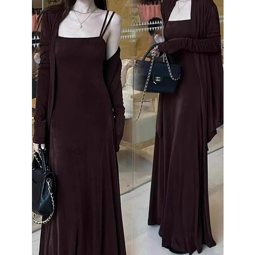时尚连衣裙套装女士2025年春秋季新款长袖披肩长款吊带裙两件套潮