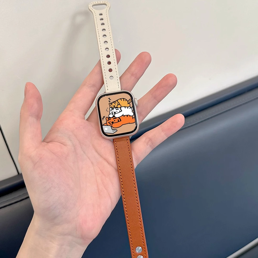 适用苹果手表S10小蛮腰双钉皮质表带applewatch9876SE 新款高级感