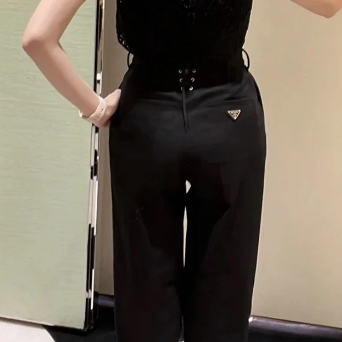 未使用 Prada/普拉达 黑色金属三角标阔腿长裤
