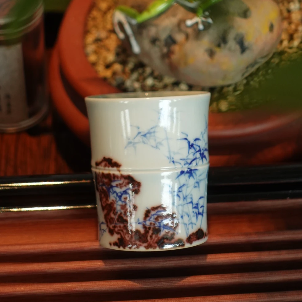 雲廬甄选青花釉里红太湖石竹子竹节杯景德镇陶瓷高端个人专用杯子