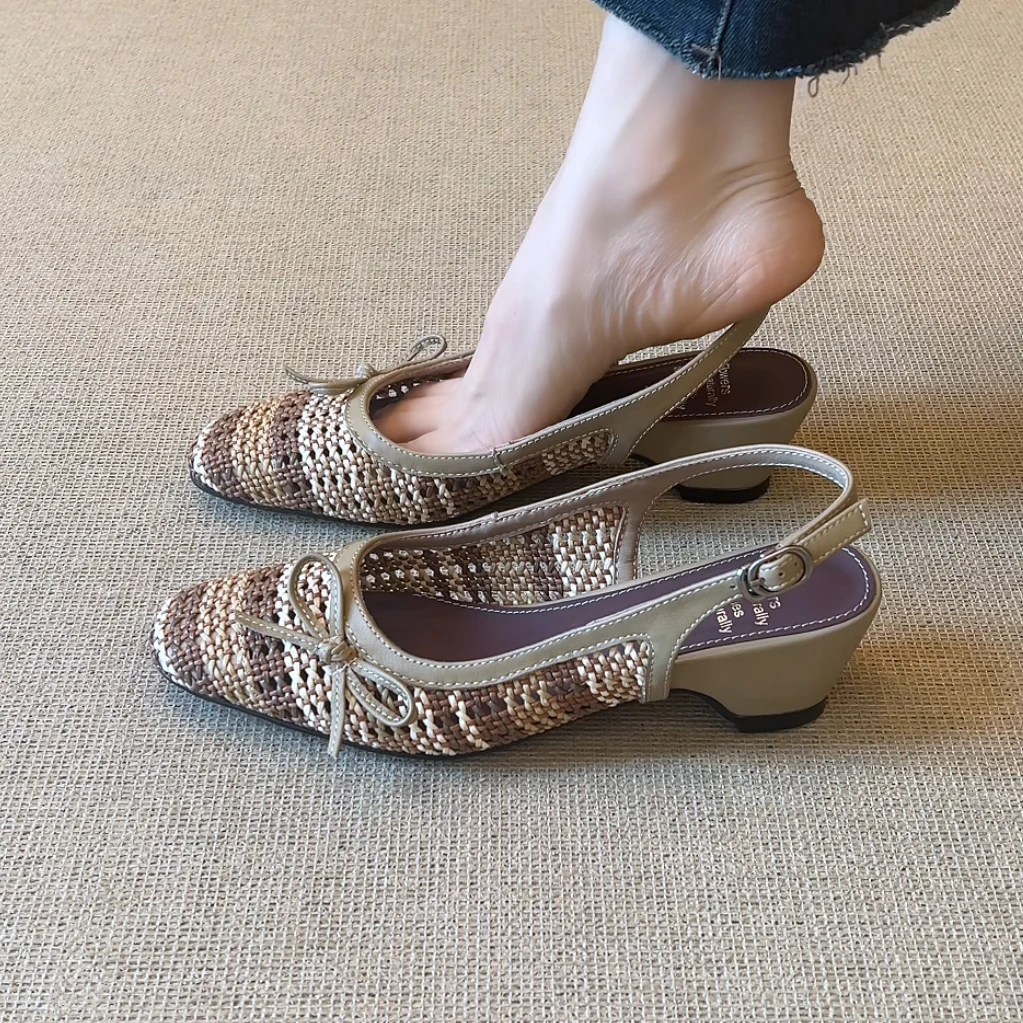 RubyL/5cm拼色编织时尚舒适透气休闲百搭坡跟包头凉鞋夏季新款