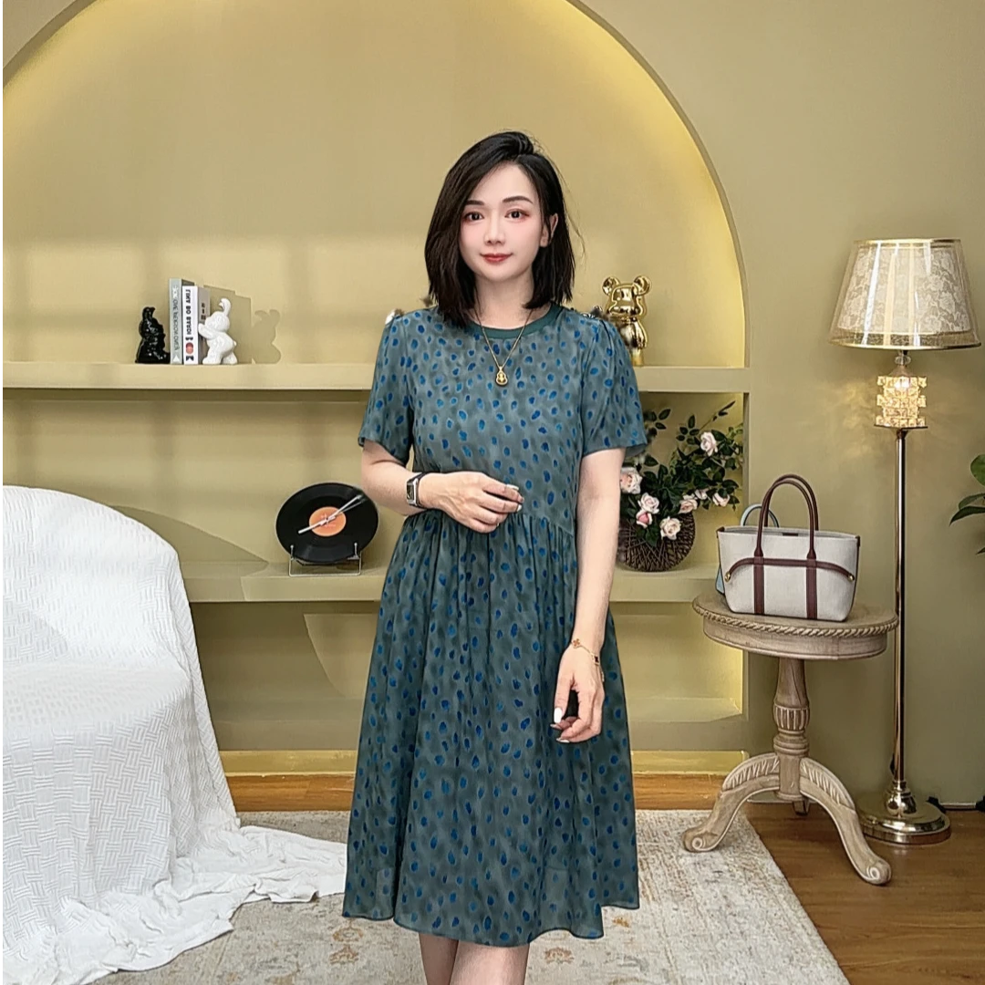《潇潇心选》孔雀蓝圆领单层桑蚕丝连衣裙 80175