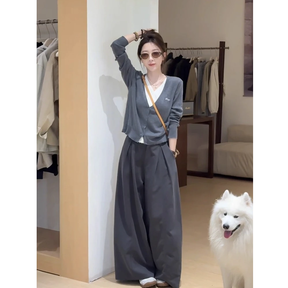 韩系慵懒风气质套装女2025秋季新款假两件针织开衫阔腿长裤两件套