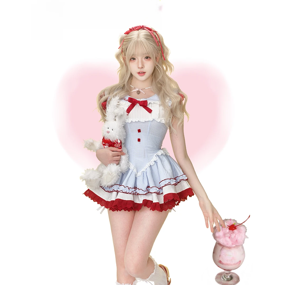 【小美】大码女装少女樱桃丸子夏季蓝色格纹连衣裙女12372