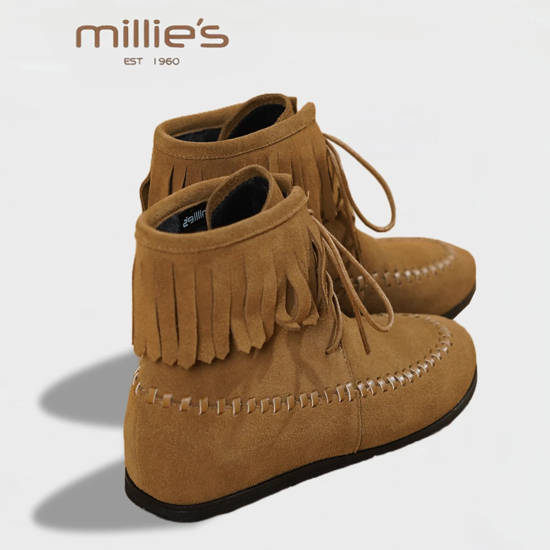 MILLIE'S/妙丽2025新款复古流苏短靴时装靴马丁靴鞋时尚潮流短靴