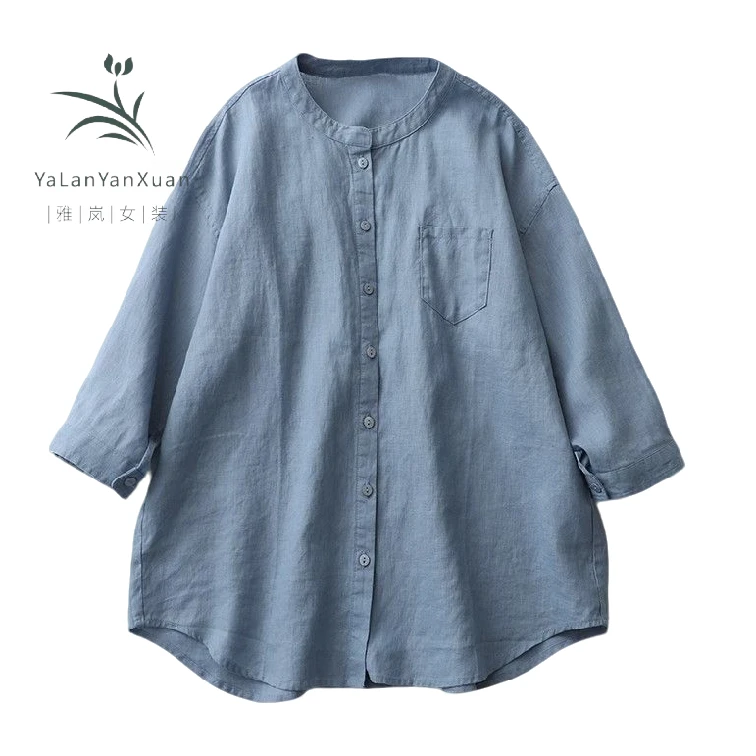 【雅岚女装】时尚洋气显瘦大码宽松日系棉麻衬衫夏季新款纯色文艺