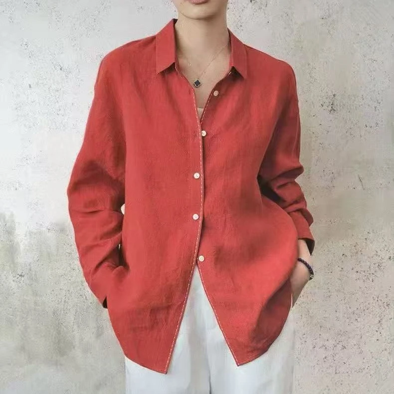 天丝亚麻复古透气翻领长袖衬衫女2025秋季新款气质显瘦百搭上衣潮