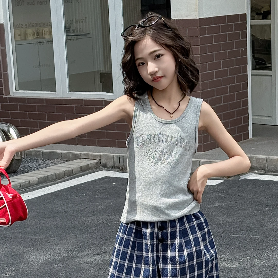 2025夏季新款女童韩版潮童洋气时尚潮流中大童搭配字母背心