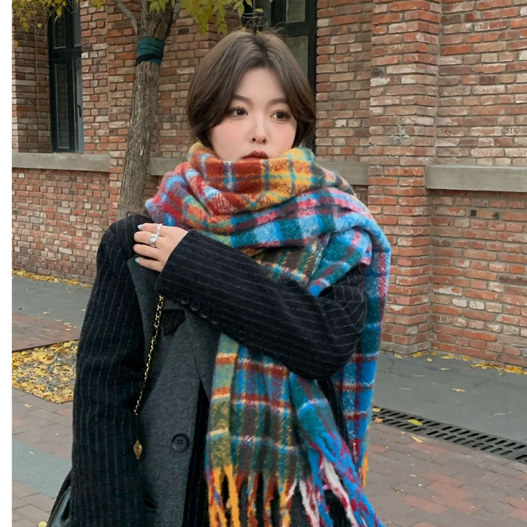 【BOBBI】湖创 秋冬彩虹格子加大加厚软糯流苏围巾披肩