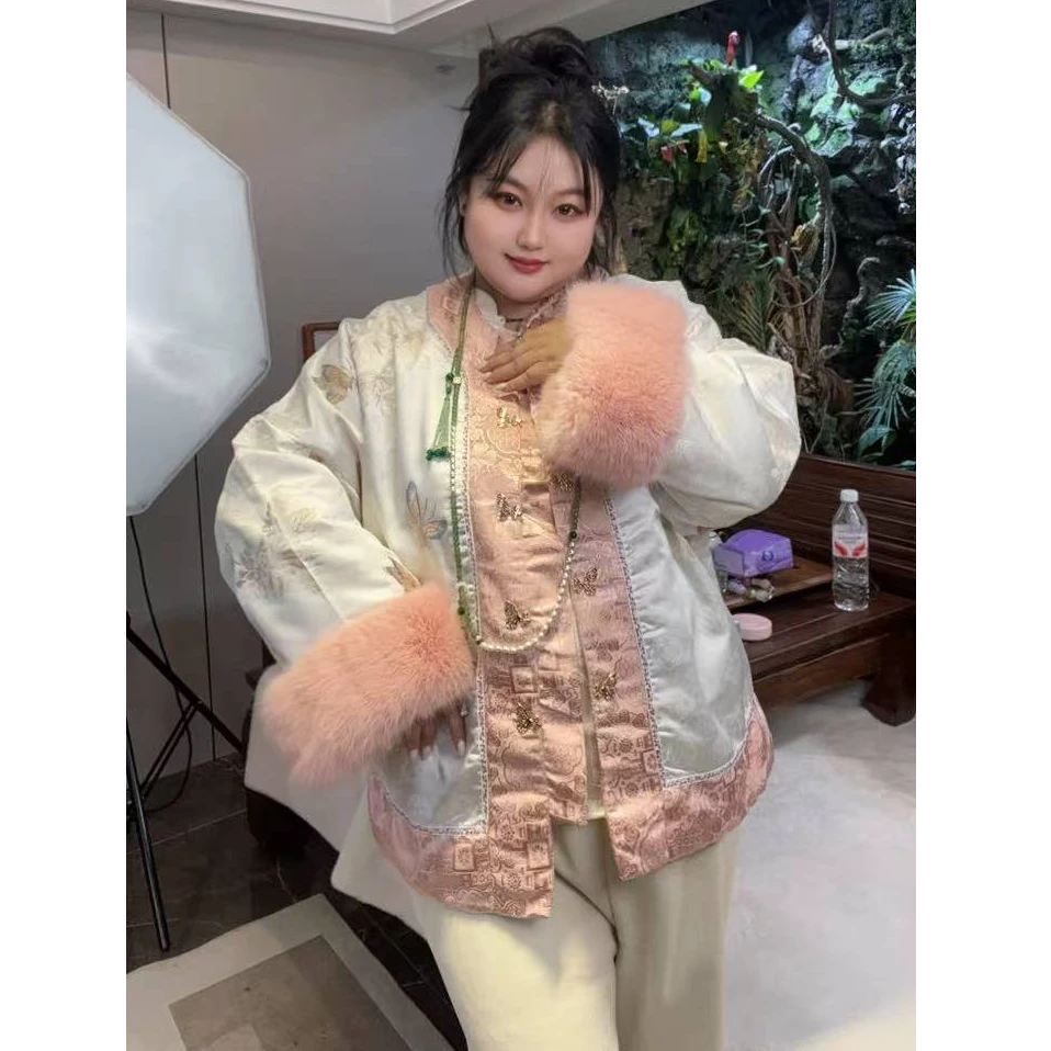 【甄胖·境花辞】新中式大码女装冬季加棉醋酸刺绣棉外套