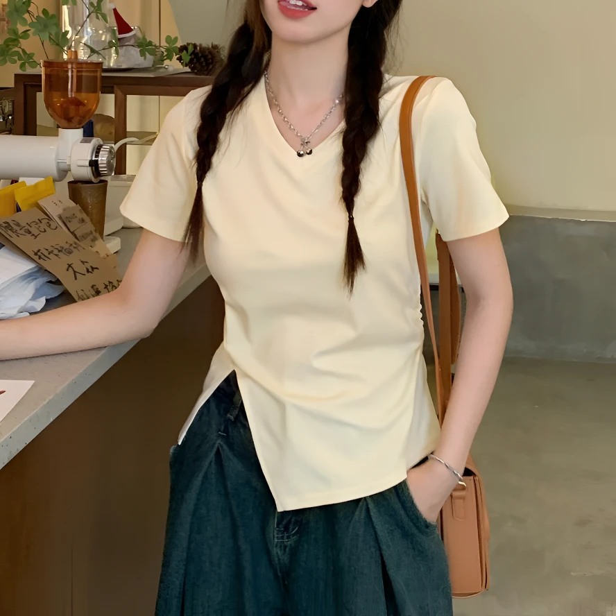 胖mm夏季新款短袖开叉t恤大码女装简约百搭遮肉设计小众减龄上衣