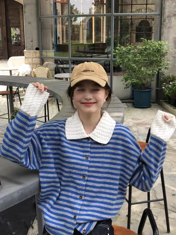 2025新款宽松显瘦条纹POLO领长袖毛衣慵懒风小个子长袖针织衫上衣