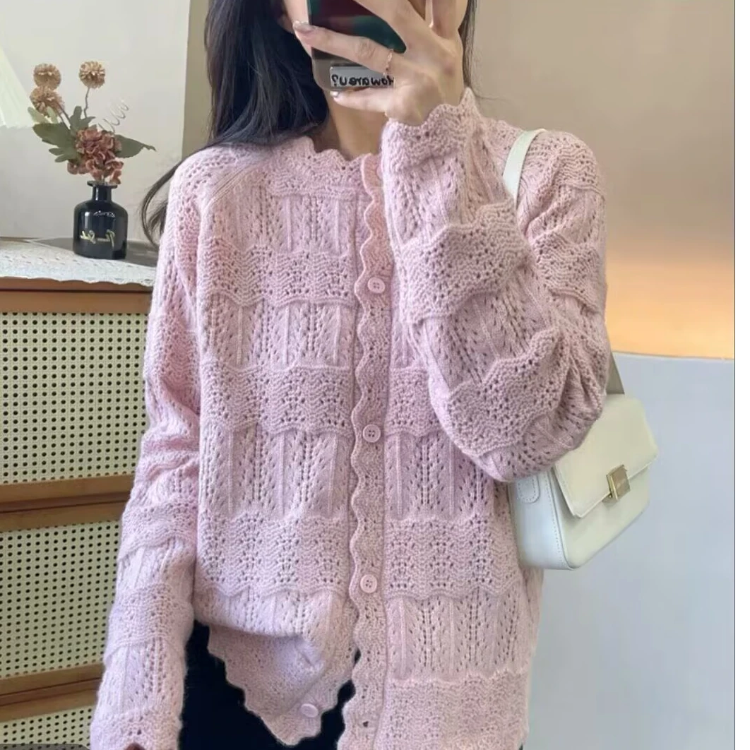 微胖短款大码女装温柔钩花镂空慵懒风软针织开衫胖MM森系气质上衣