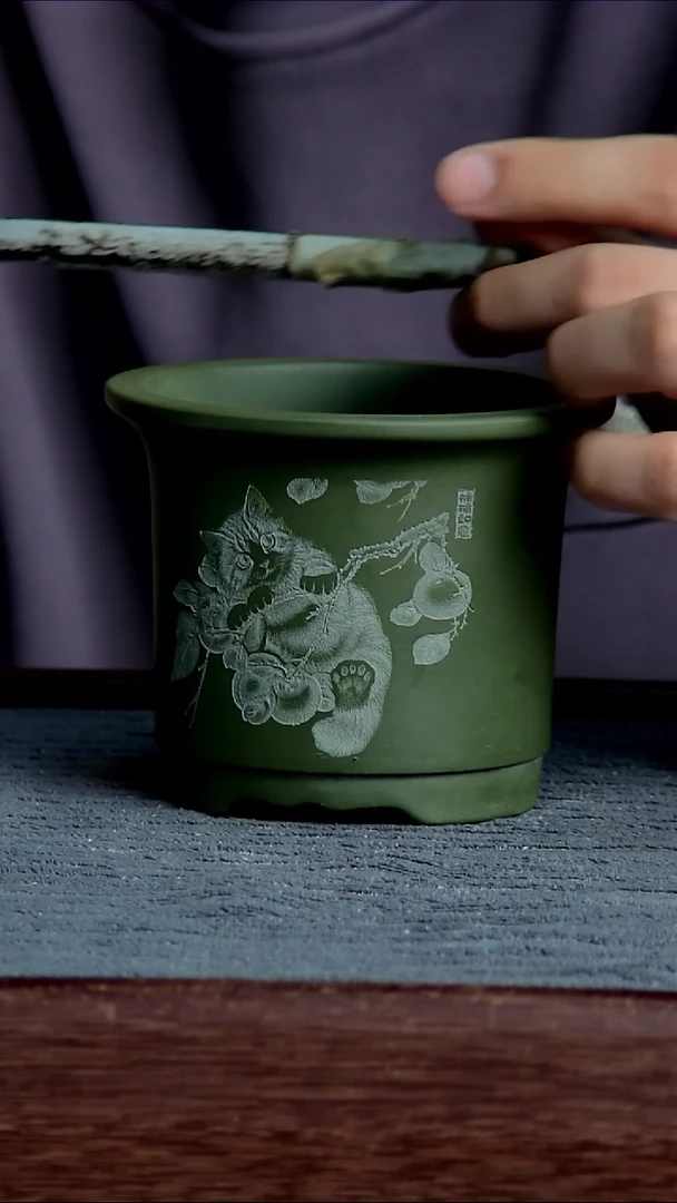 紫砂花盆8.5*8内径紫砂花盆【猫】