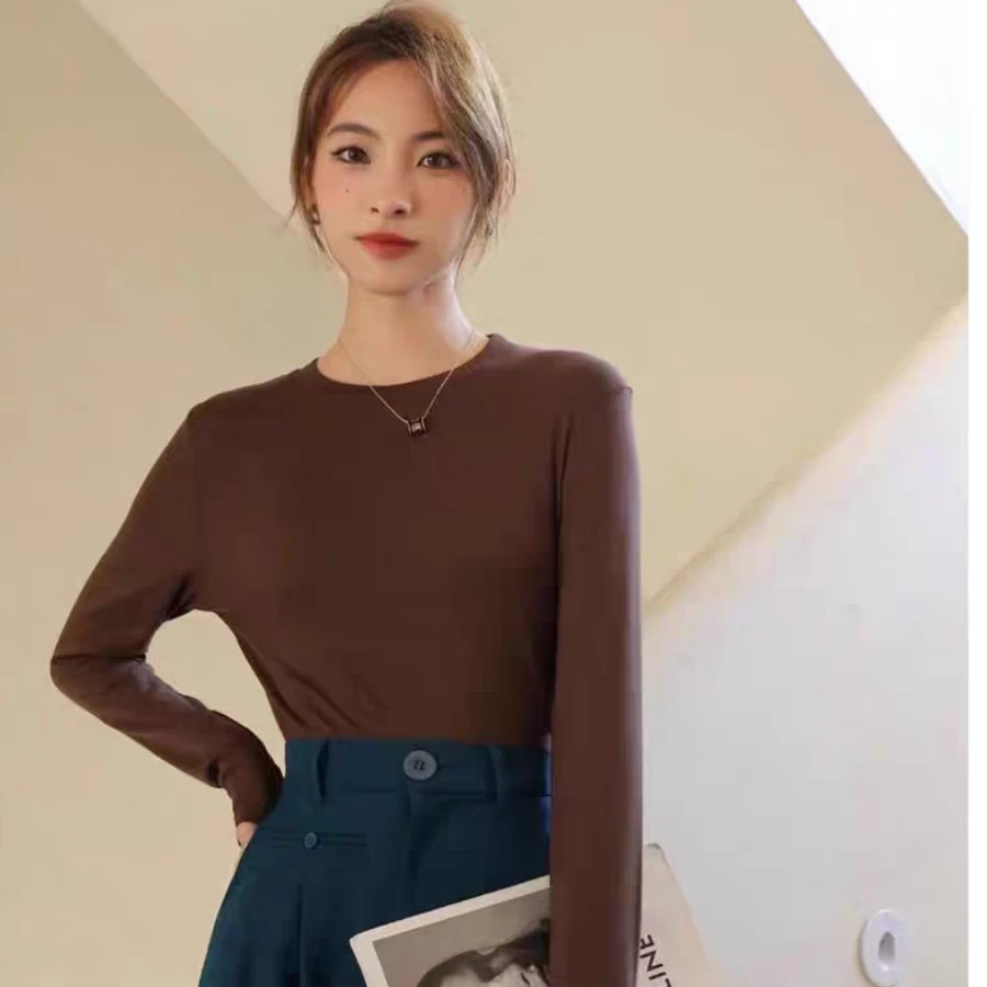 2024秋冬egg打底纯色圆领时尚百搭加绒气质款 长袖T恤#