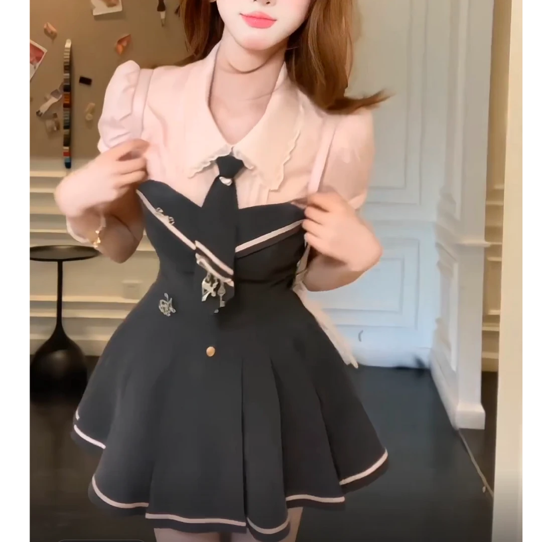 樱岛学姐 夏季新款学院风小众设计感甜美可爱温婉大方衬衫连衣裙