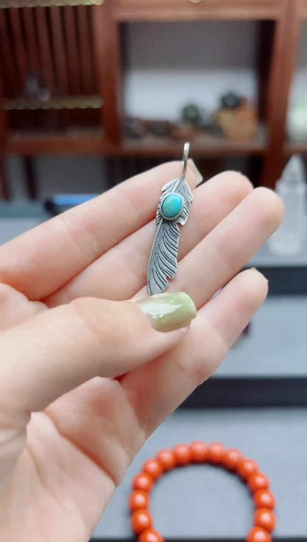 绿松石银S925镶嵌颈饰s925银松石羽毛吊坠GSX赠皮绳