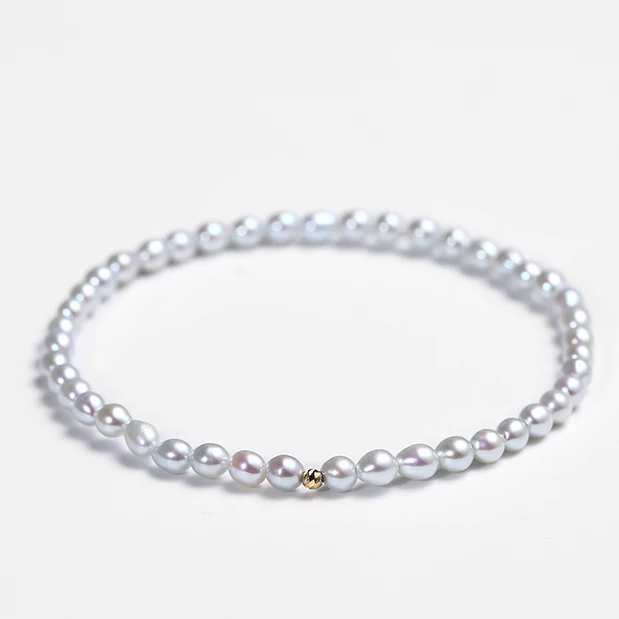 【ks0946005】3-4mm淡蓝色淡水无核珍珠弹力绳手串配 18k金小金豆