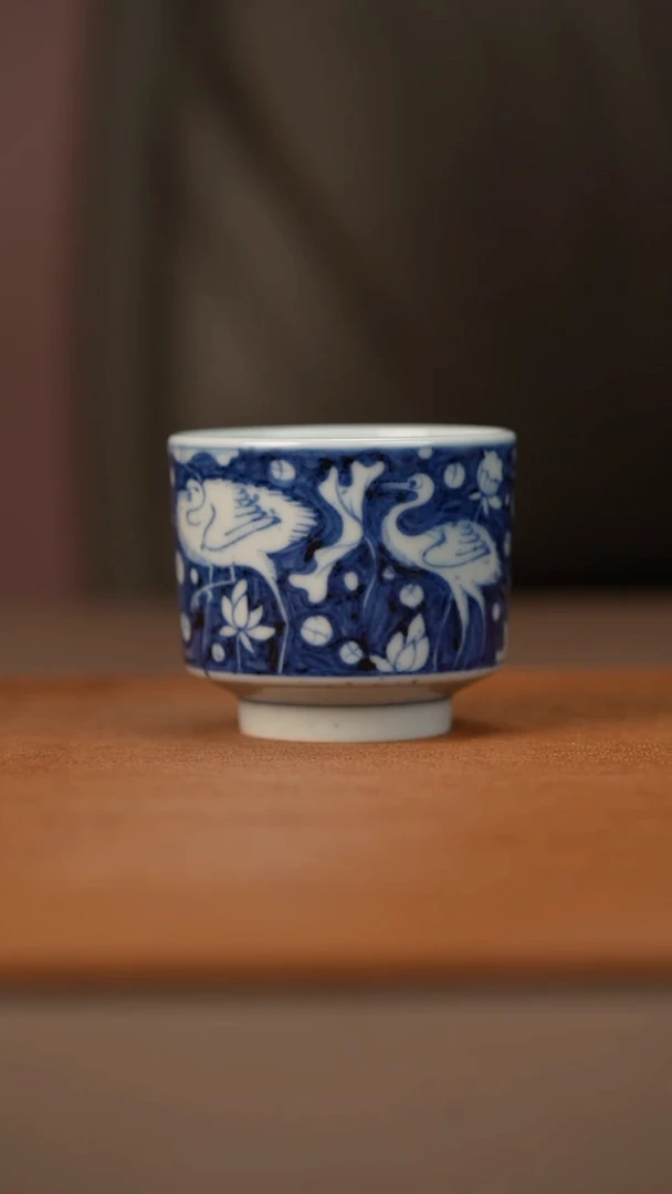 陶瓷幽蓝溪堂撒蓝一路连科蓝直口杯