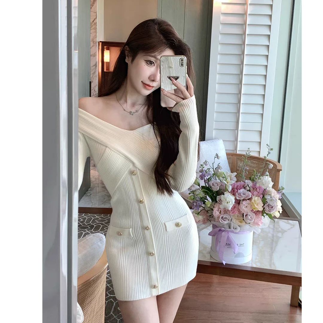Hello熙熙【白金秀场】法式小香风 一字肩收腰连衣裙设计感 女777
