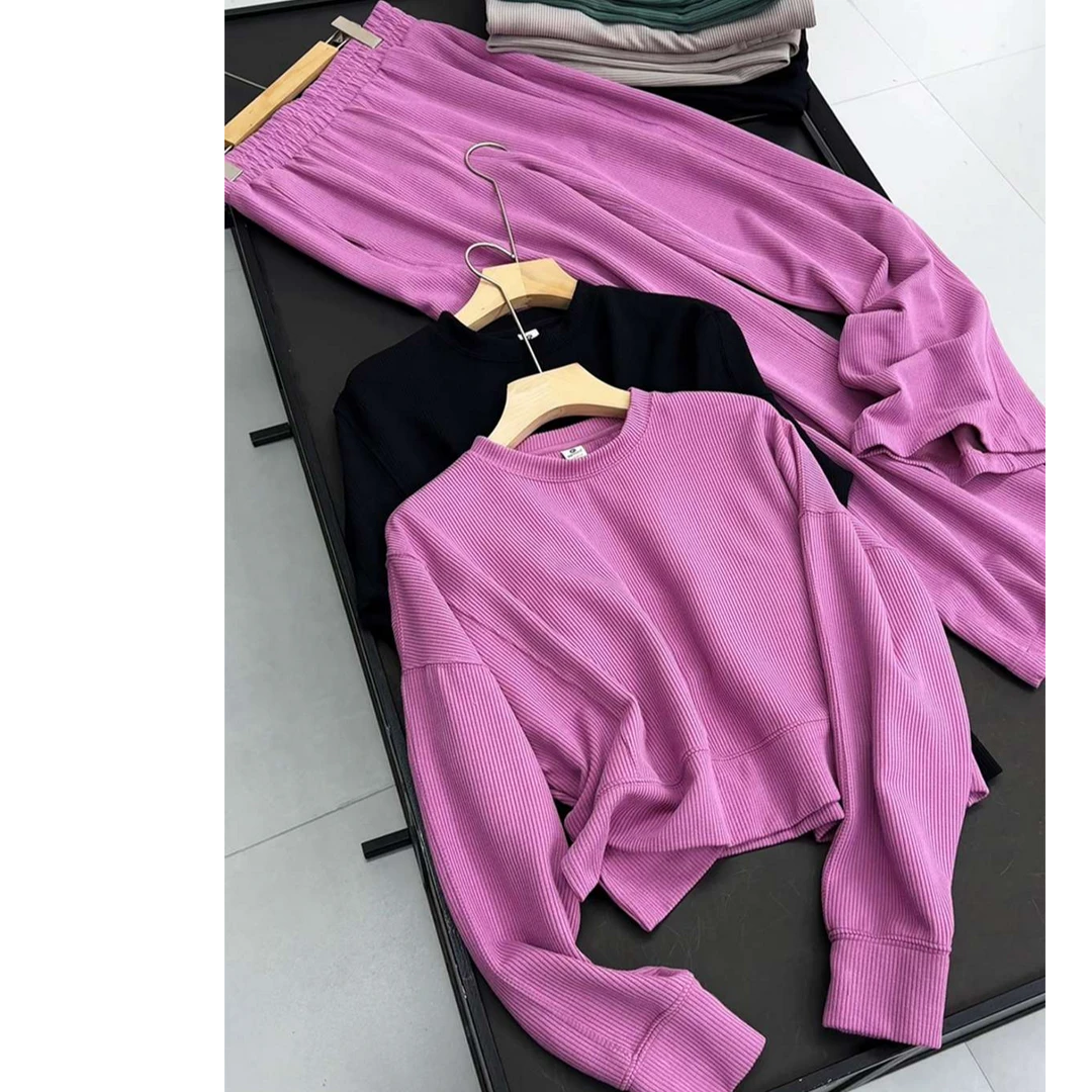 2024新款秋冬时髦运动卫衣时尚套装圆领上衣高腰阔腿裤两件套女