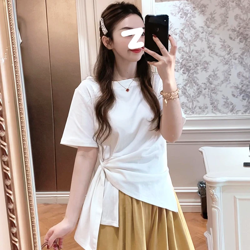 不规则绑带短袖女t恤2025新款爆款夏季女装设计感超火减龄上衣女