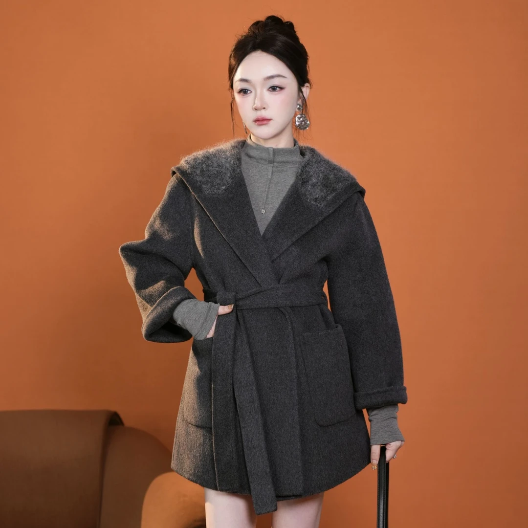 美人访【高贵大女主】大牌风翻领绑带气质大衣外套12228