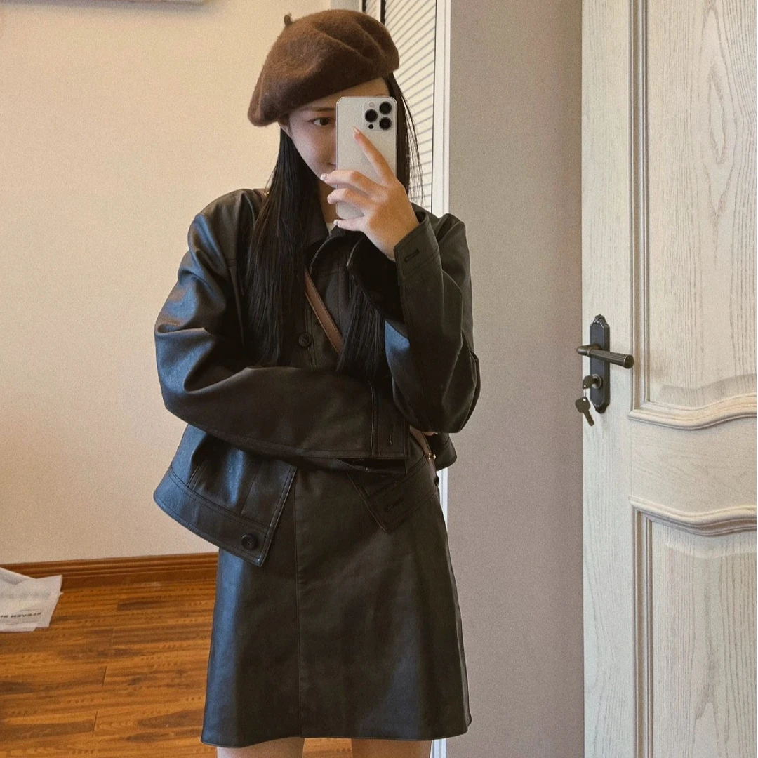 美拉德穿搭复古皮衣机车服外套上衣短裙子秋装