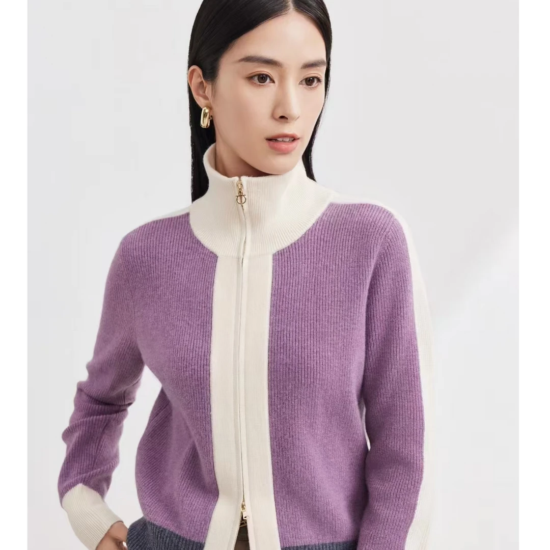 迪图秋冬季新品时尚撞色100%羊毛长袖开衫