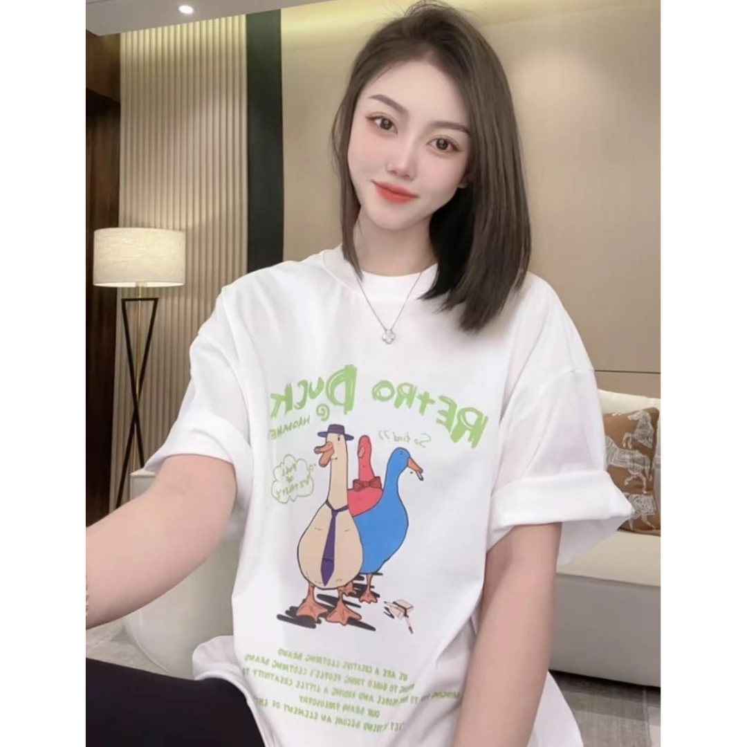 【AILIN】DE鸭休闲T恤白色时尚百搭夏季宽松印花圆领