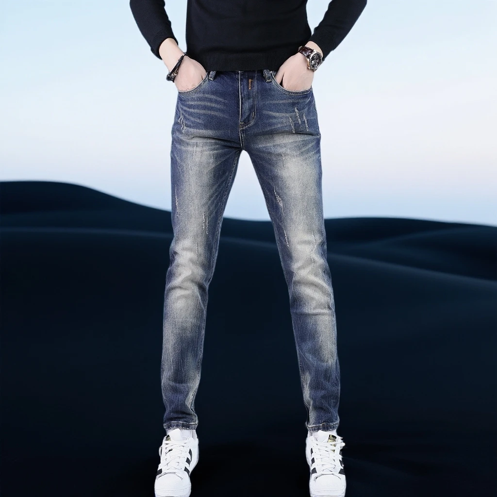 巴赛娜缇时尚美式牛仔裤男款新款潮流修身休闲水洗复古时尚直筒裤