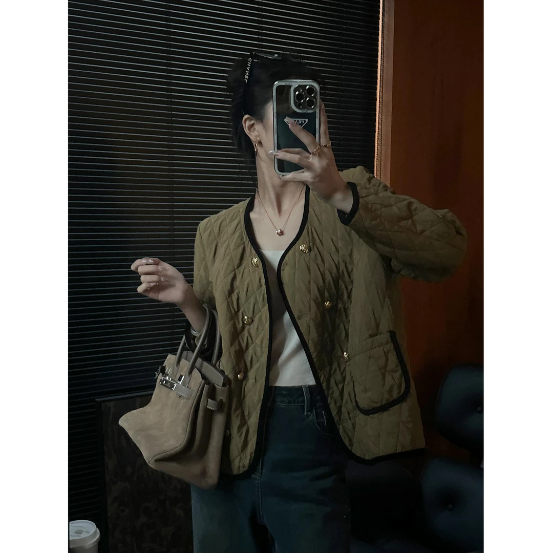 暖阳情书 菱形格灯芯绒拼接小香风圆领绗羊毛棉袄外套女MS248044