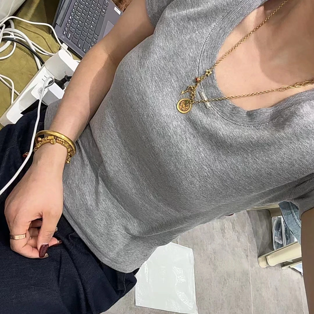 夏季U领斜条拼接修身弹力短袖T恤女内搭短款上衣
