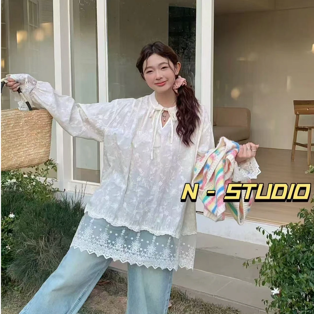 【纯熙+】F2936春季新款蕾丝刺绣花边小衫女韩版宽松百搭上衣