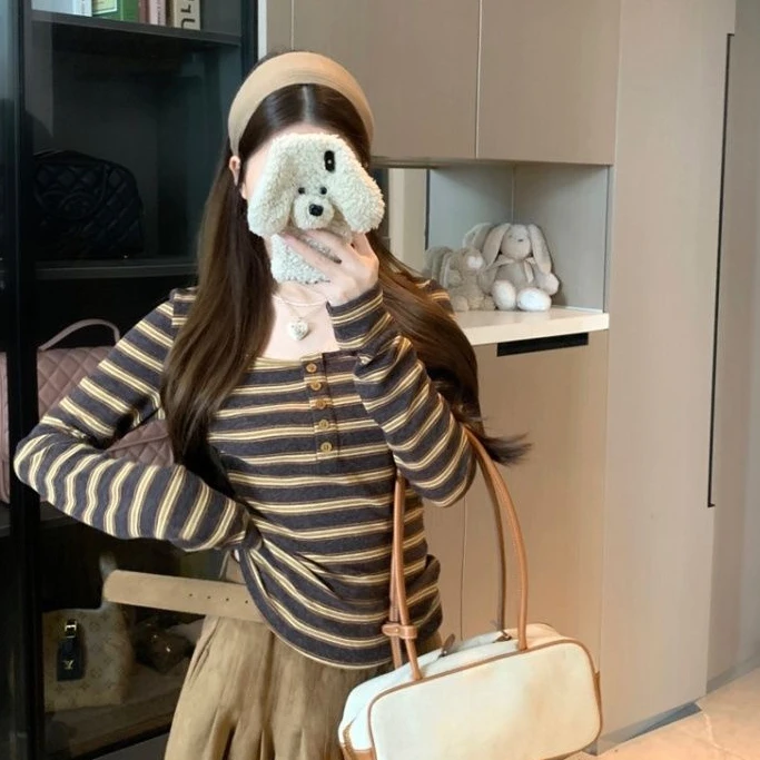 辣妹风撞色条纹长袖T恤女装秋季复古chic春秋显瘦打底衫上衣修身