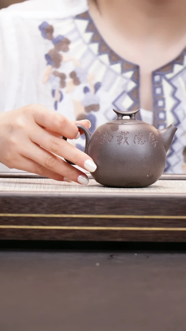 茶壶紫砂天青泥 刻绘云桥（刻竹）