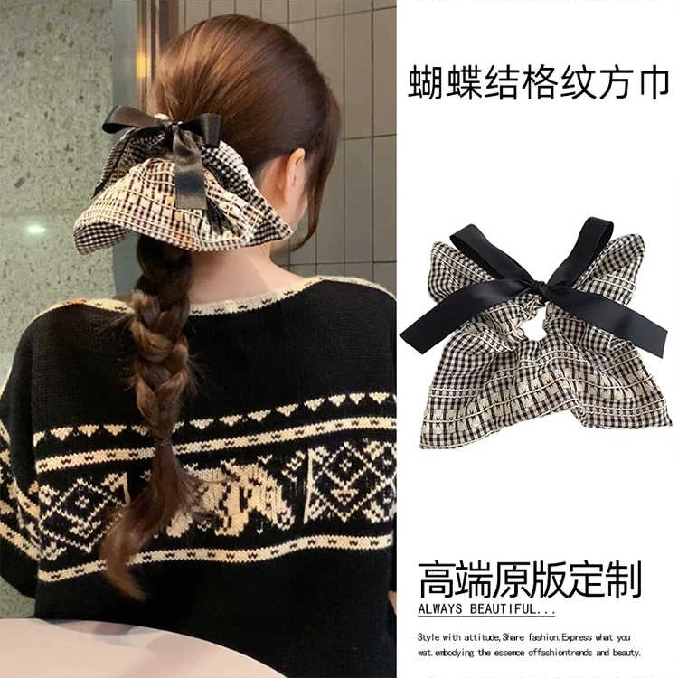 格纹四角方巾大肠发圈超大头绳头花蝴蝶结发绳女丸子头发饰慵懒风