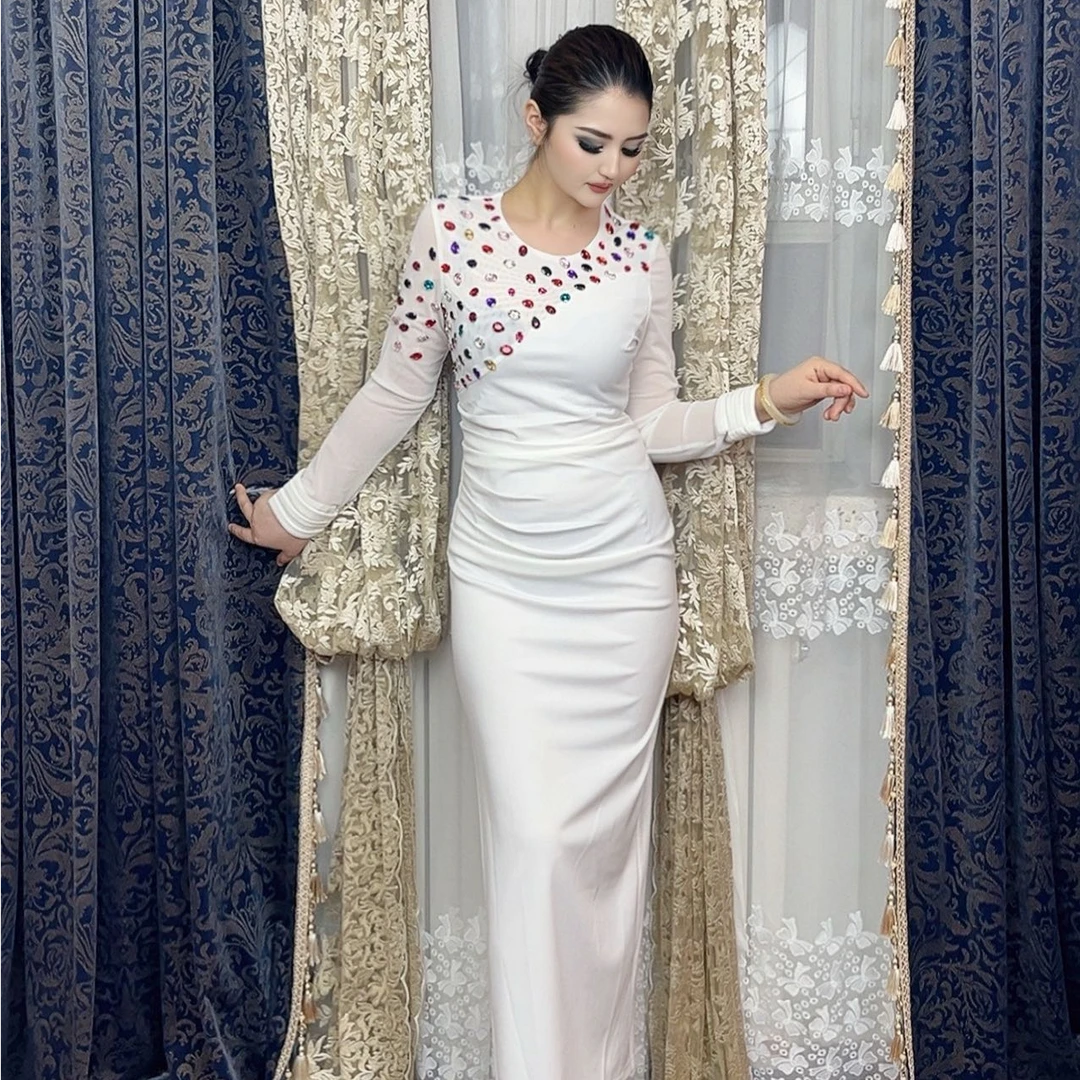 修身网红礼服时尚连衣裙白色轻奢H型裙长裙圆领长袖包臀拉链