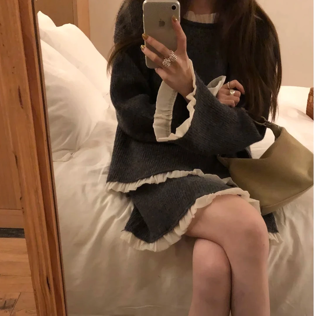 甜美秋季INS静奢休闲长袖显瘦时尚套装气质洋气性感辣妹上衣半裙